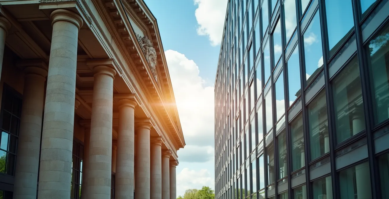 Kontrastaufnahme zwischen historischem preußischen Verwaltungsgebäude und modernem Berliner Bürogebäude