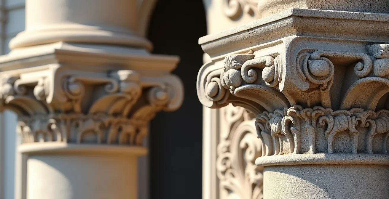 Makroaufnahme architektonischer Details zeigt den Kontrast zwischen schlichtem preußischen und ornamentalem kaiserlichen Stil