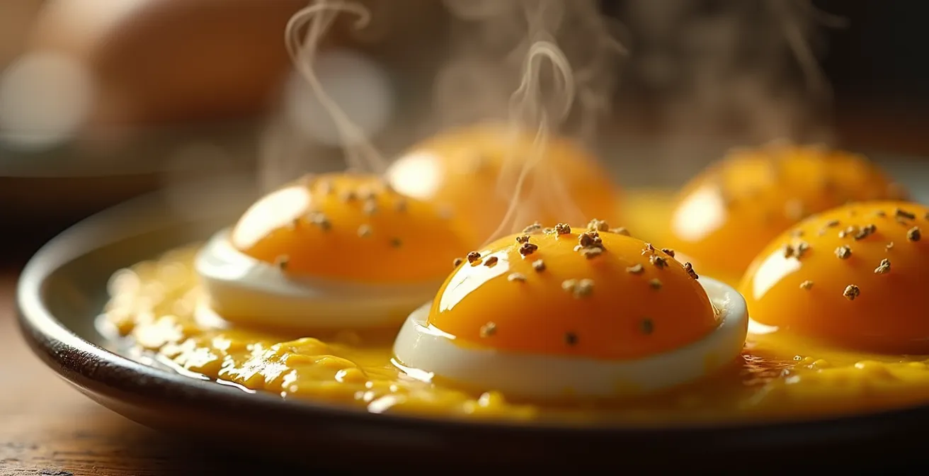 Makroaufnahme von traditionellem Berliner Senfeier mit dampfenden Details