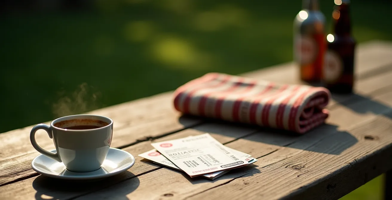 Zeitliche Abfolge von Aktivität und Ruhe im Berliner Tagesrhythmus, dargestellt durch eine Kaffeetasse, Museumstickets und eine Picknickdecke.