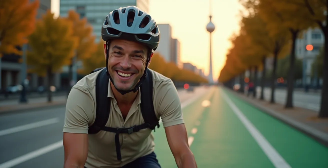 Radfahrer auf breitem, geschützten Radweg in urbaner Umgebung
