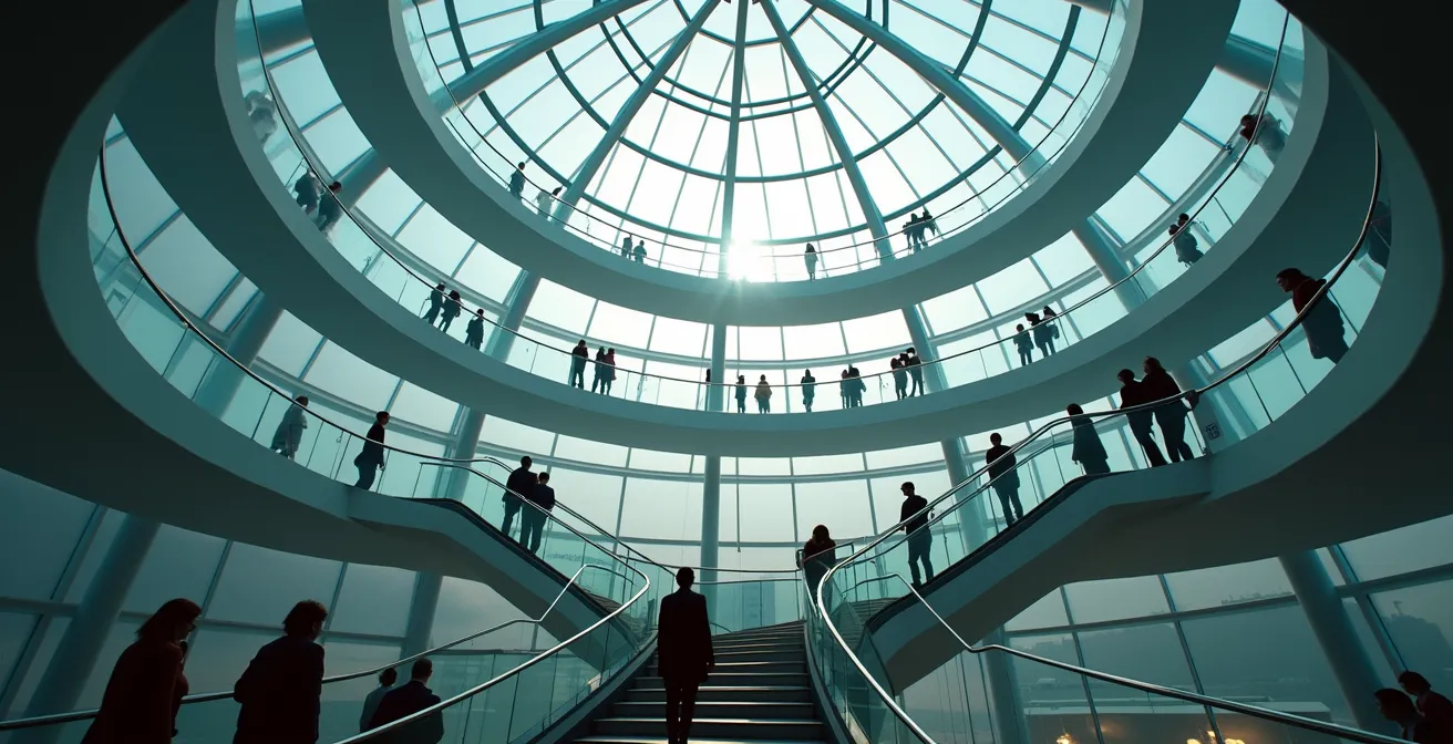 Besucher auf der spiralförmigen Rampe in der gläsernen Reichstagskuppel mit Blick auf den Plenarsaal