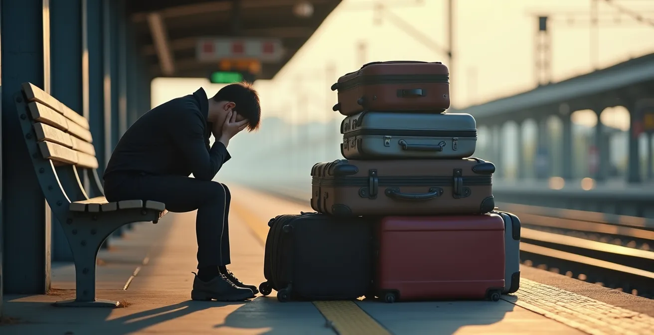 Erschöpfter Reisender mit mehreren Koffern wartet allein auf einem Bahnsteig