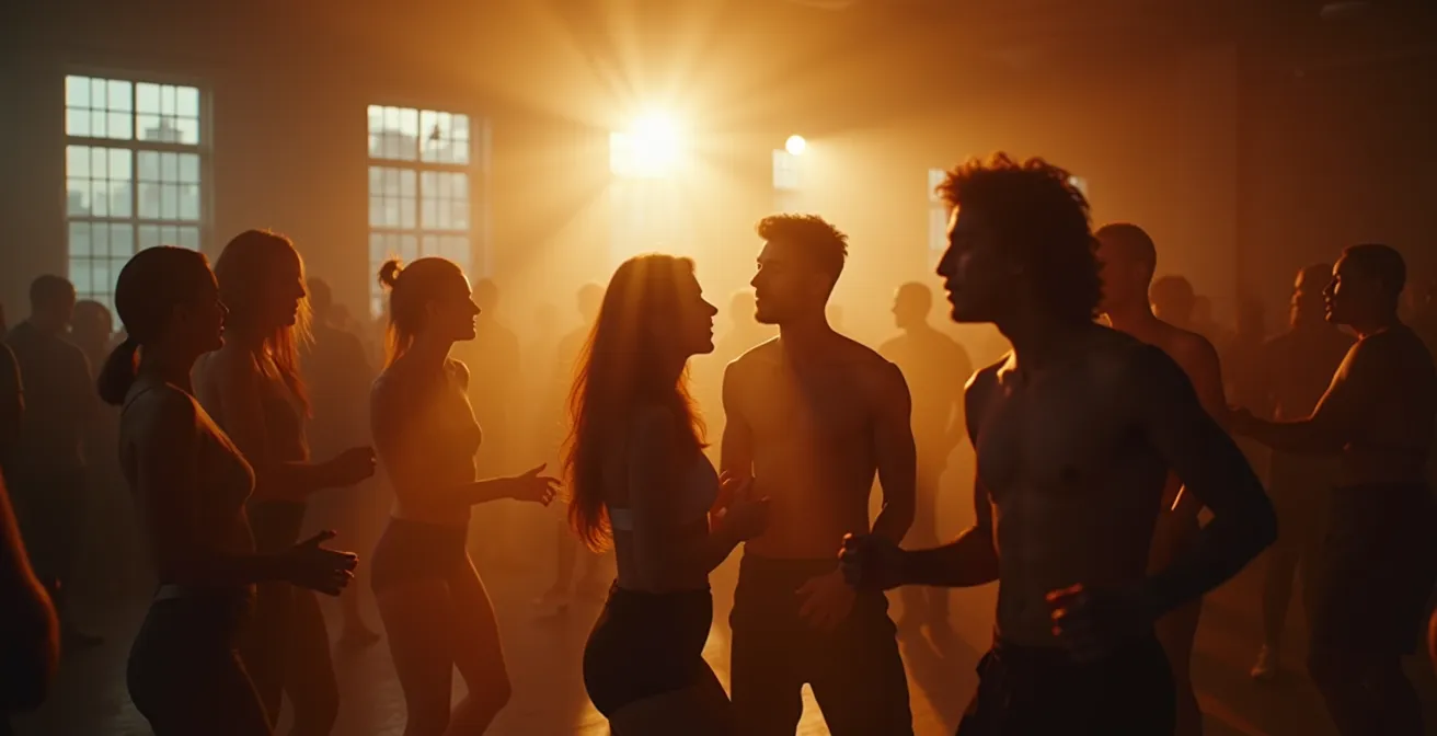 Weitwinkelaufnahme einer fast leeren Tanzfläche mit einzelnen Tänzern im Morgenlicht