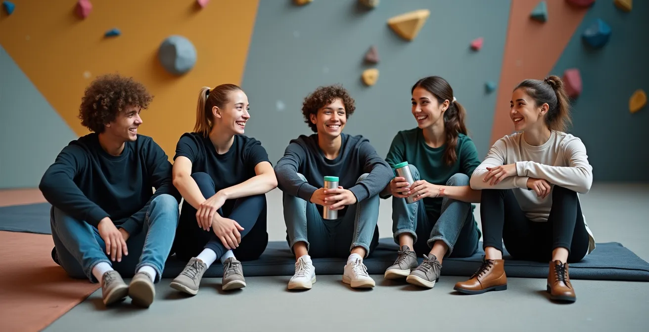 Gruppenfotoaehnliche Szene von mehreren Menschen, die in einer Berliner Boulderhalle lachend auf Matten sitzen und sich unterhalten