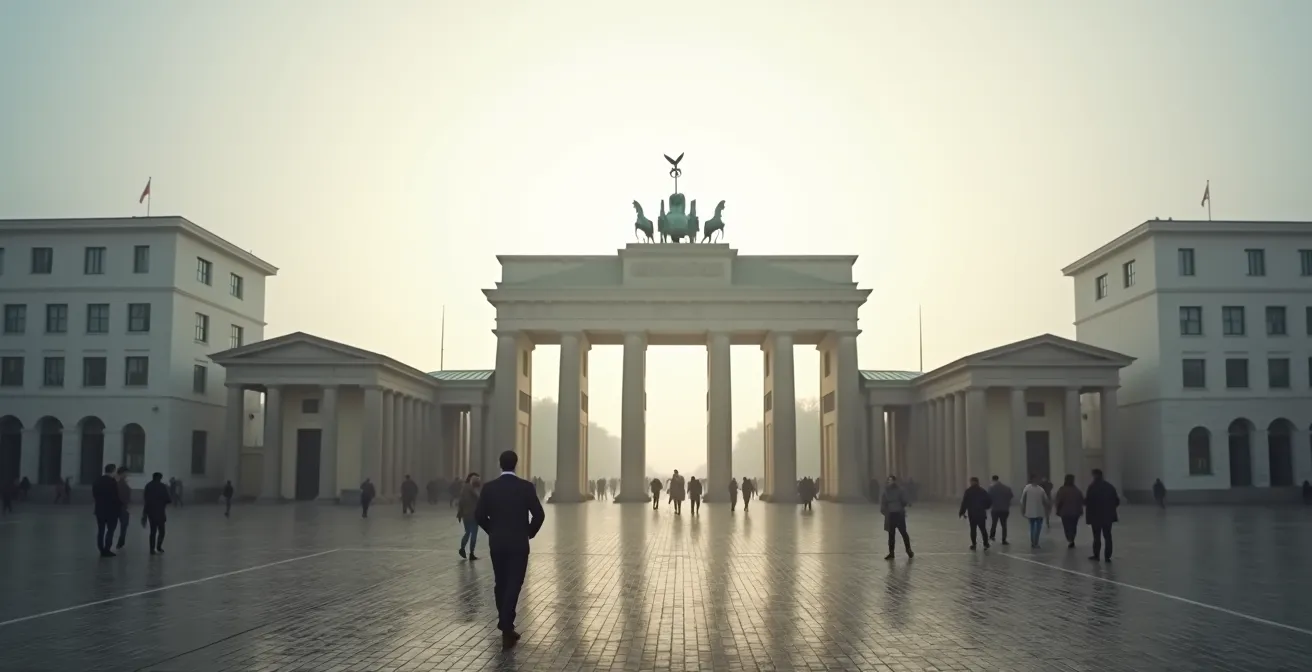 Weitwinkelaufnahme verschiedener Stadtführer-Gruppen an ikonischen Orten