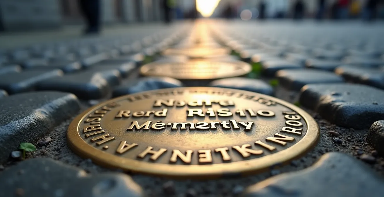 Makroaufnahme von Stolpersteinen im Berliner Kopfsteinpflaster bei sanftem Morgenlicht