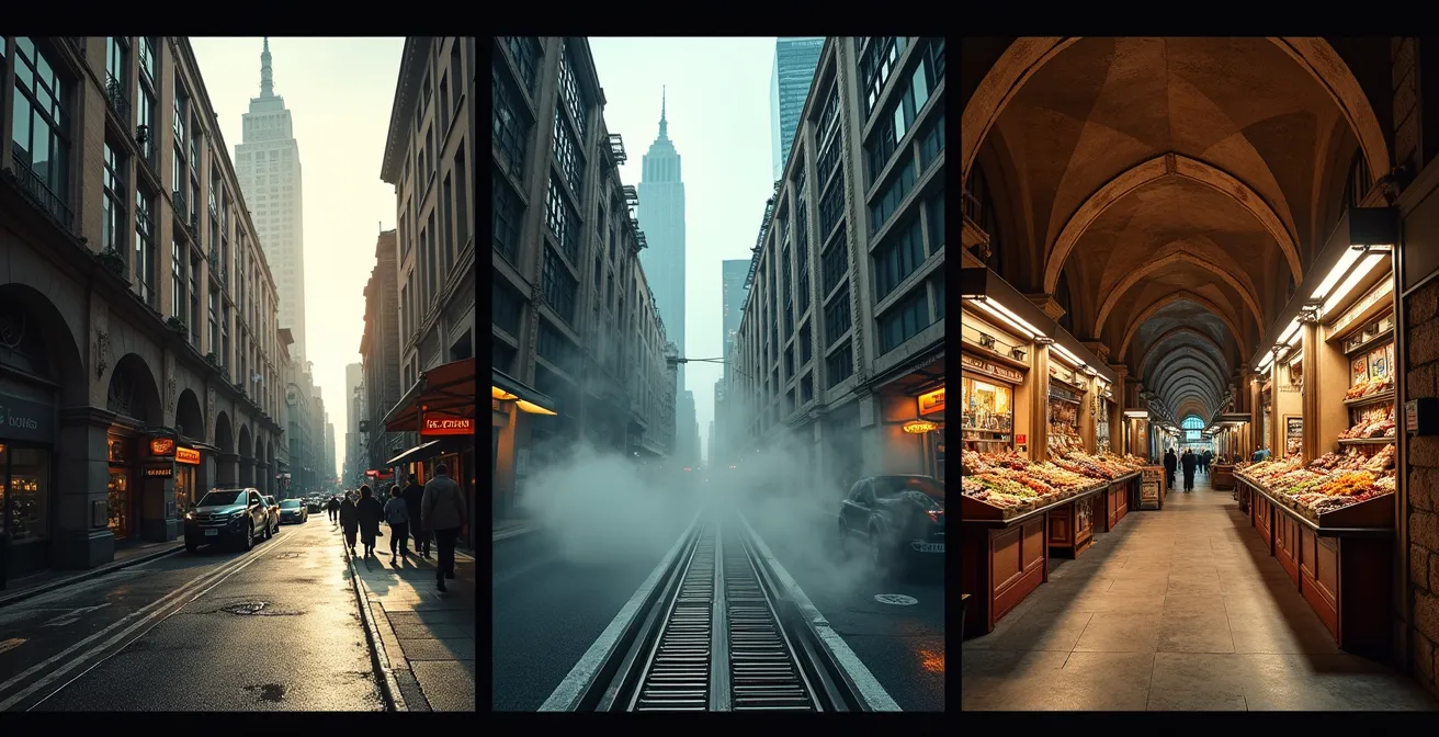 Künstlerische Darstellung dreier Street-Food-Kulturen im abstrakten Vergleich