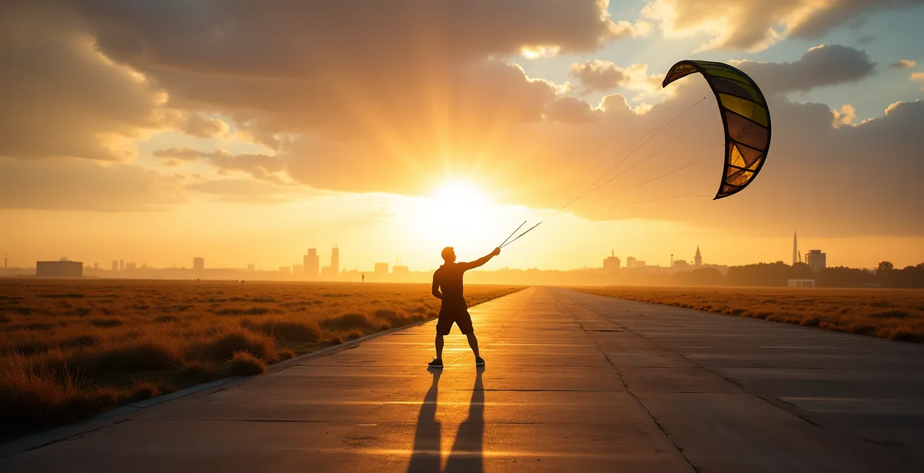 Kitesurfer auf dem herbstlichen Tempelhofer Feld mit dramatischem Himmel