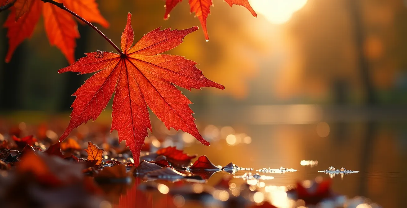 Herbstliche Baumkronen spiegeln sich im Landwehrkanal mit goldenem Nachmittagslicht