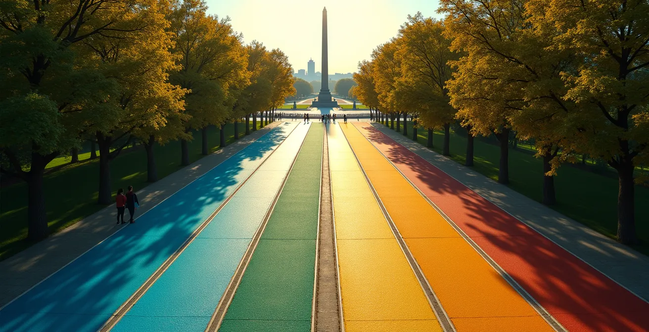Detaillierte Karte mit vier farblich markierten Themenrouten durch den Tiergarten