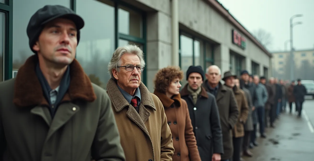 Menschen in einer langen Schlange vor einem DDR-Autohaus in den 1970er Jahren