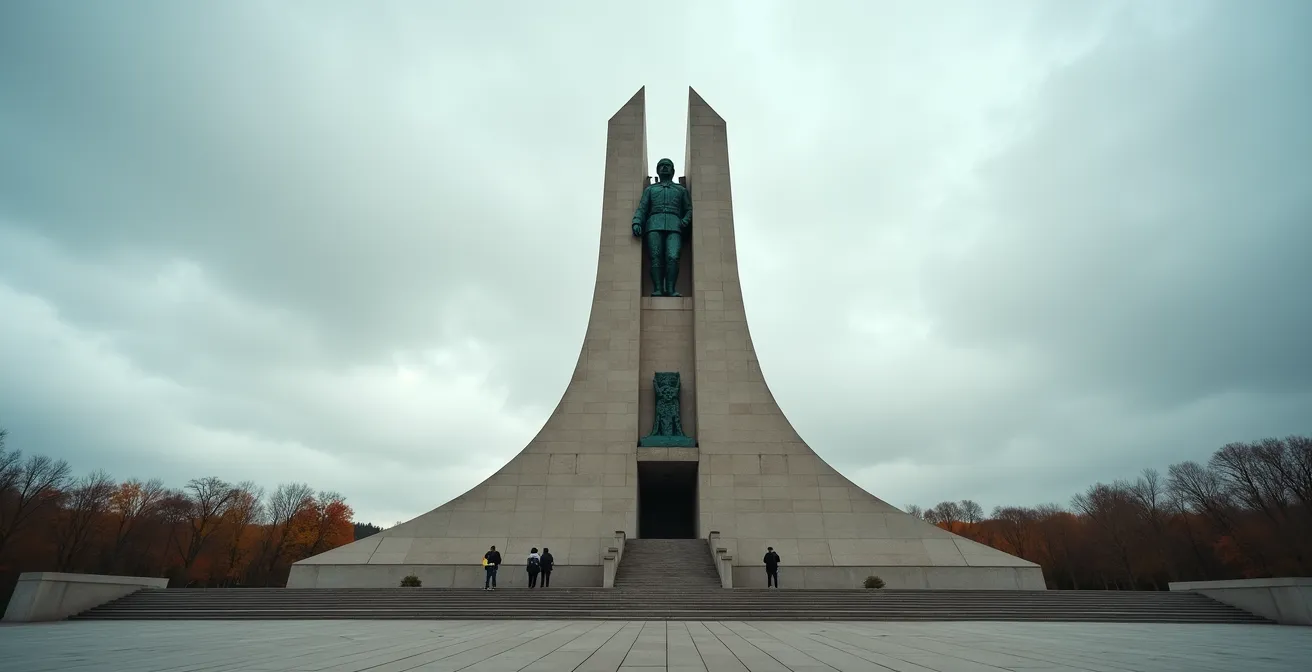Weitwinkelaufnahme des Sowjetischen Ehrenmals im Treptower Park, das die monumentale Statue eines Soldaten zeigt, der ein Kind beschützt, mit einer kleinen Besuchergruppe am Fuße.