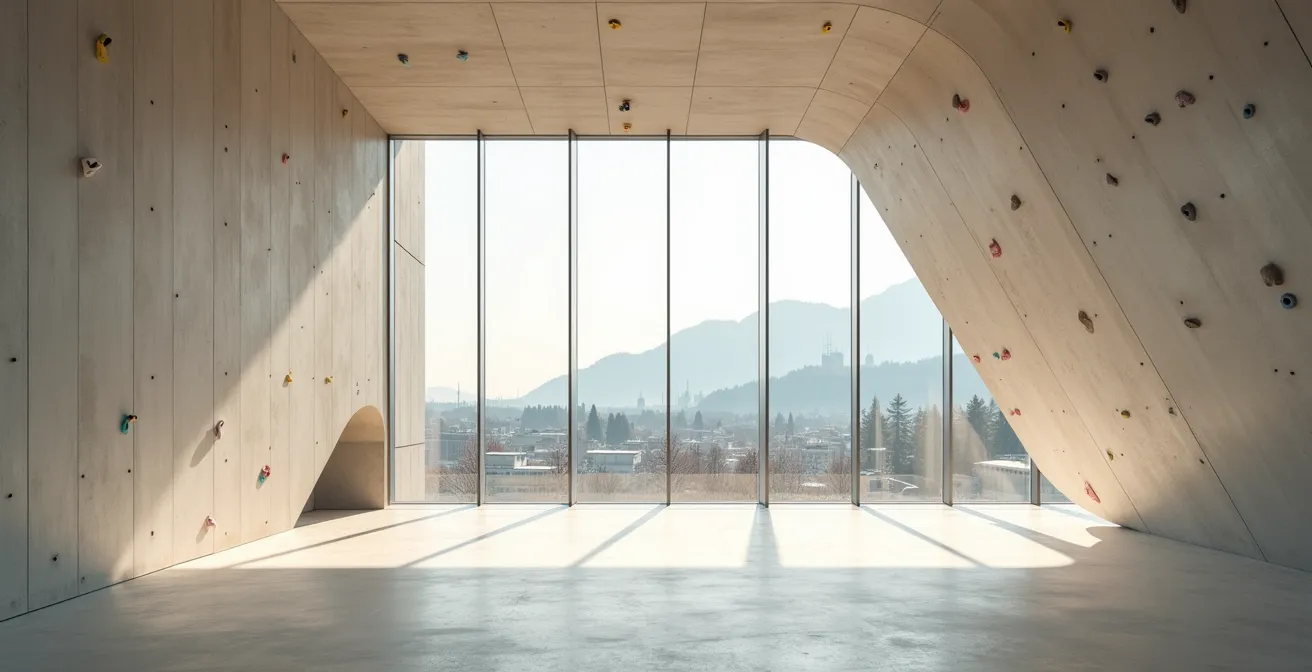 Weitwinkelaufnahme einer hellen Kletterhalle mit grossen Fenstern und im Hintergrund angedeuteter Berliner und alpiner Skyline