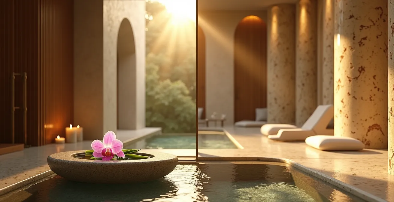 Split-Screen Darstellung eines minimalistischen asiatischen Spa-Bereichs neben opulentem römischen Bad