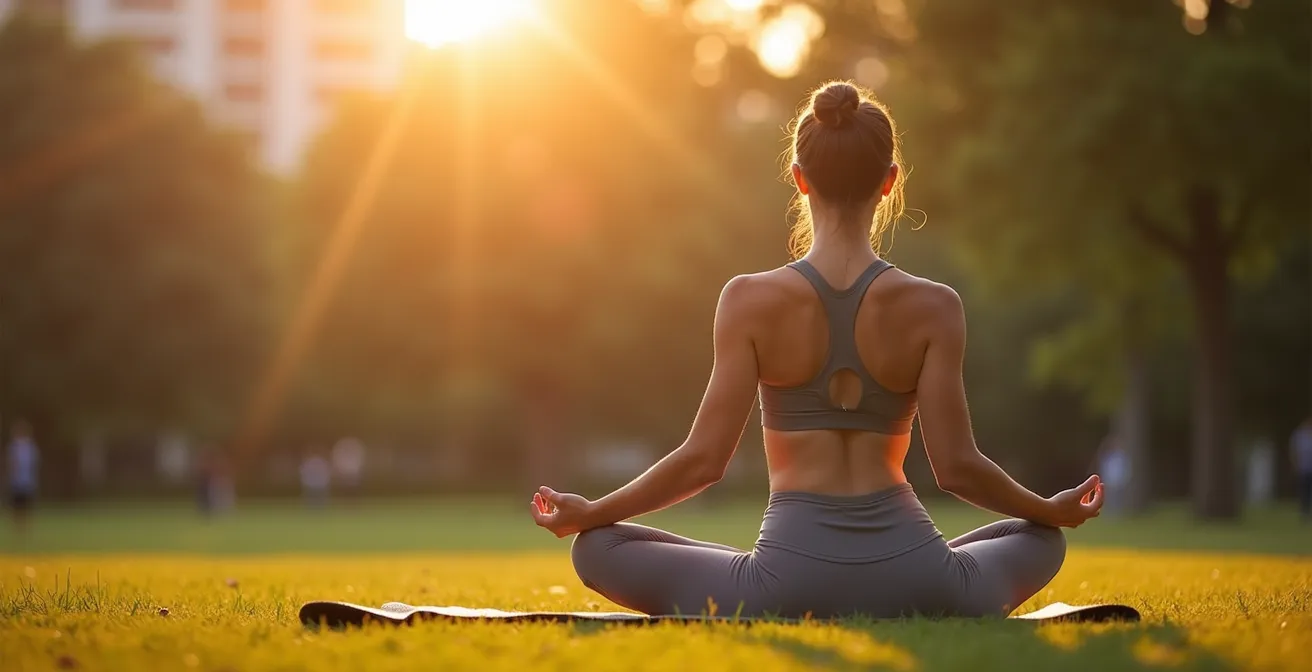 Person praktiziert Yoga im Berliner Park bei Sonnenaufgang